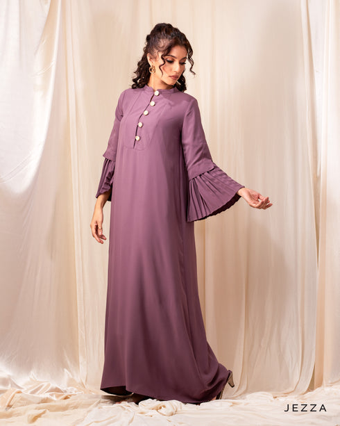 Elegant Mandarin Collar Pleated Sleeve Dress 54221